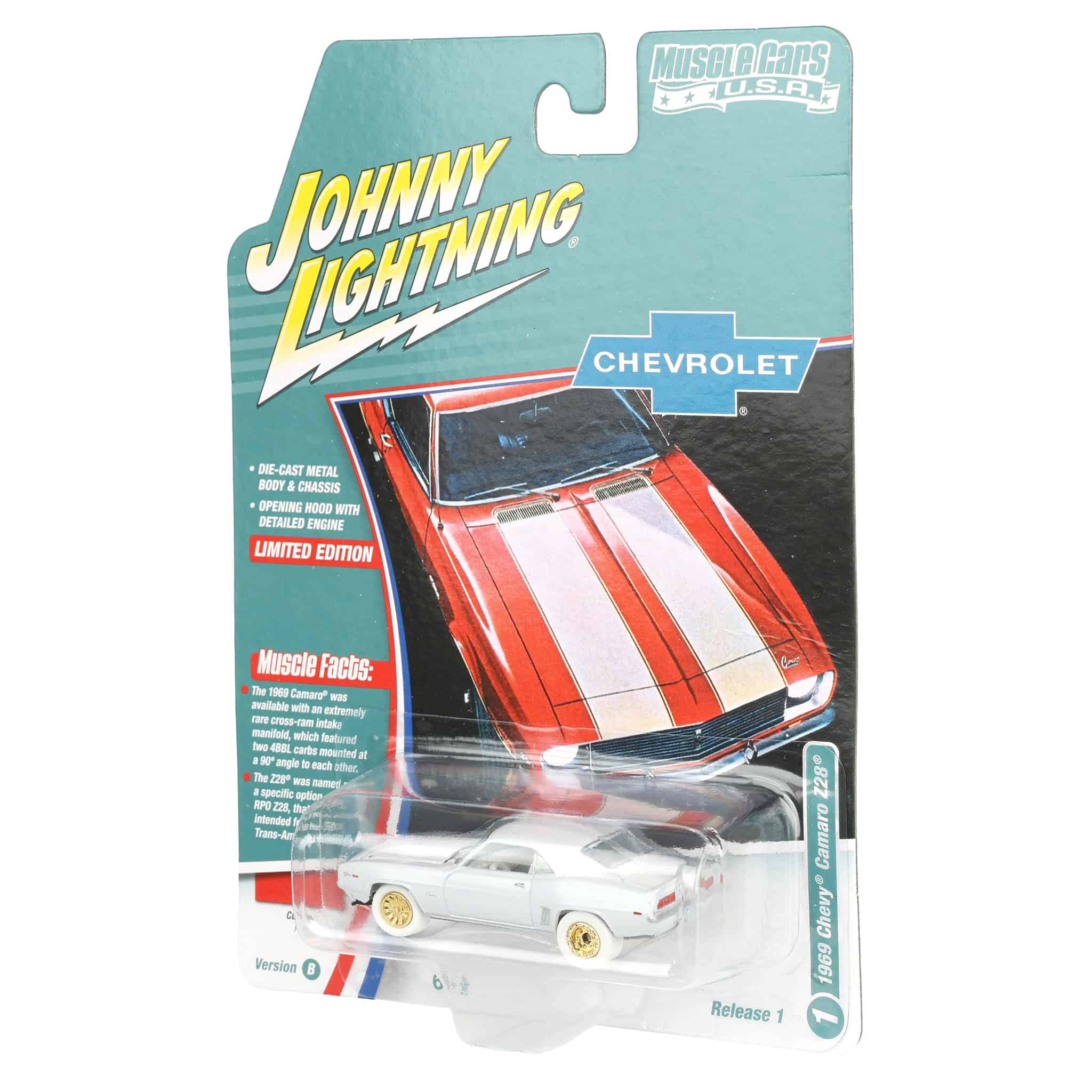 White Lightning Chase Unit ~ 1/64 1969 Chevrolet Camaro Z28, Red with White Stripes, Johnny Lightning Muscle Car Series - Image 3