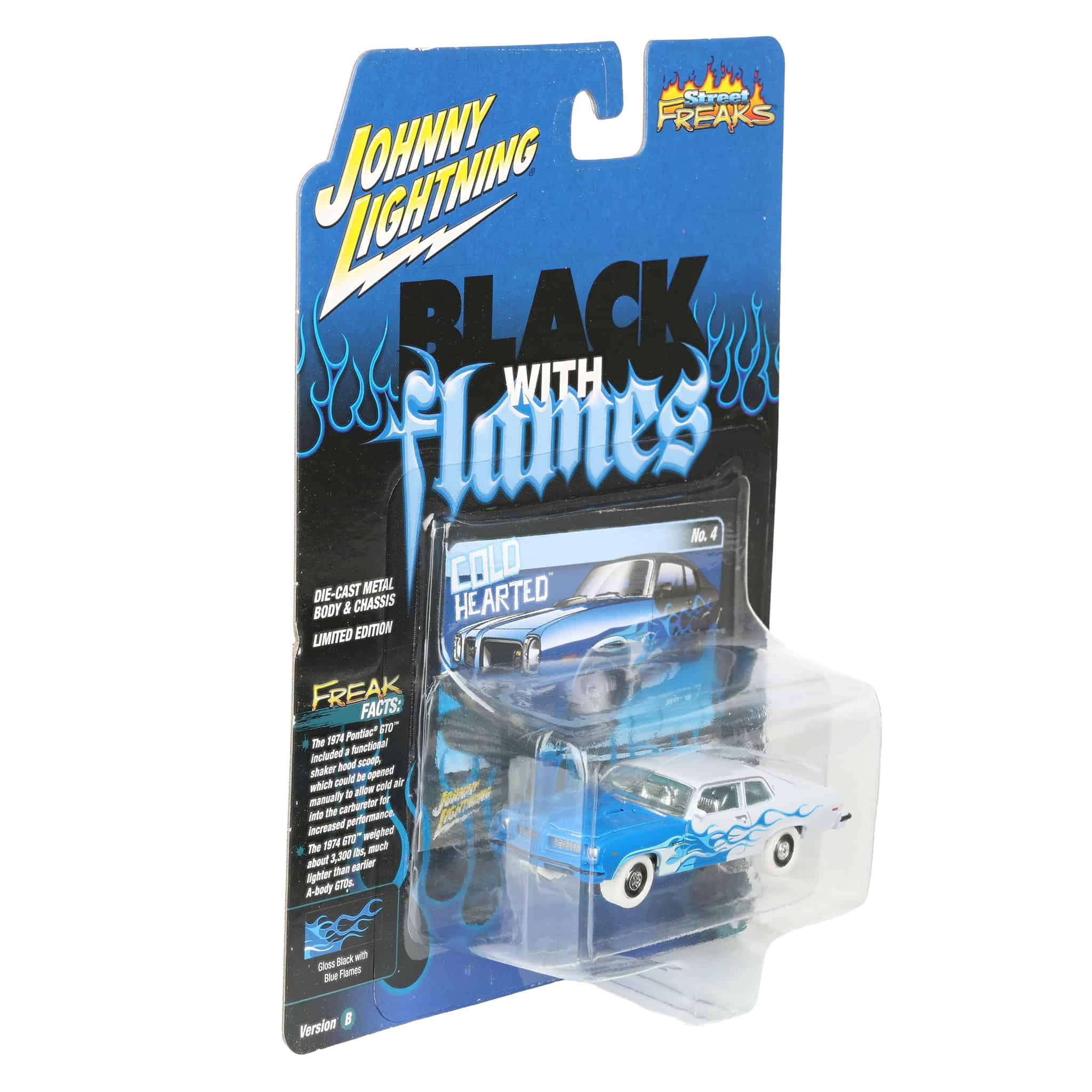 White Lightning Chase Unit ~ 1/64 1974 Pontiac GTO, Black with Blue Flames, Johnny Lightning - Image 2