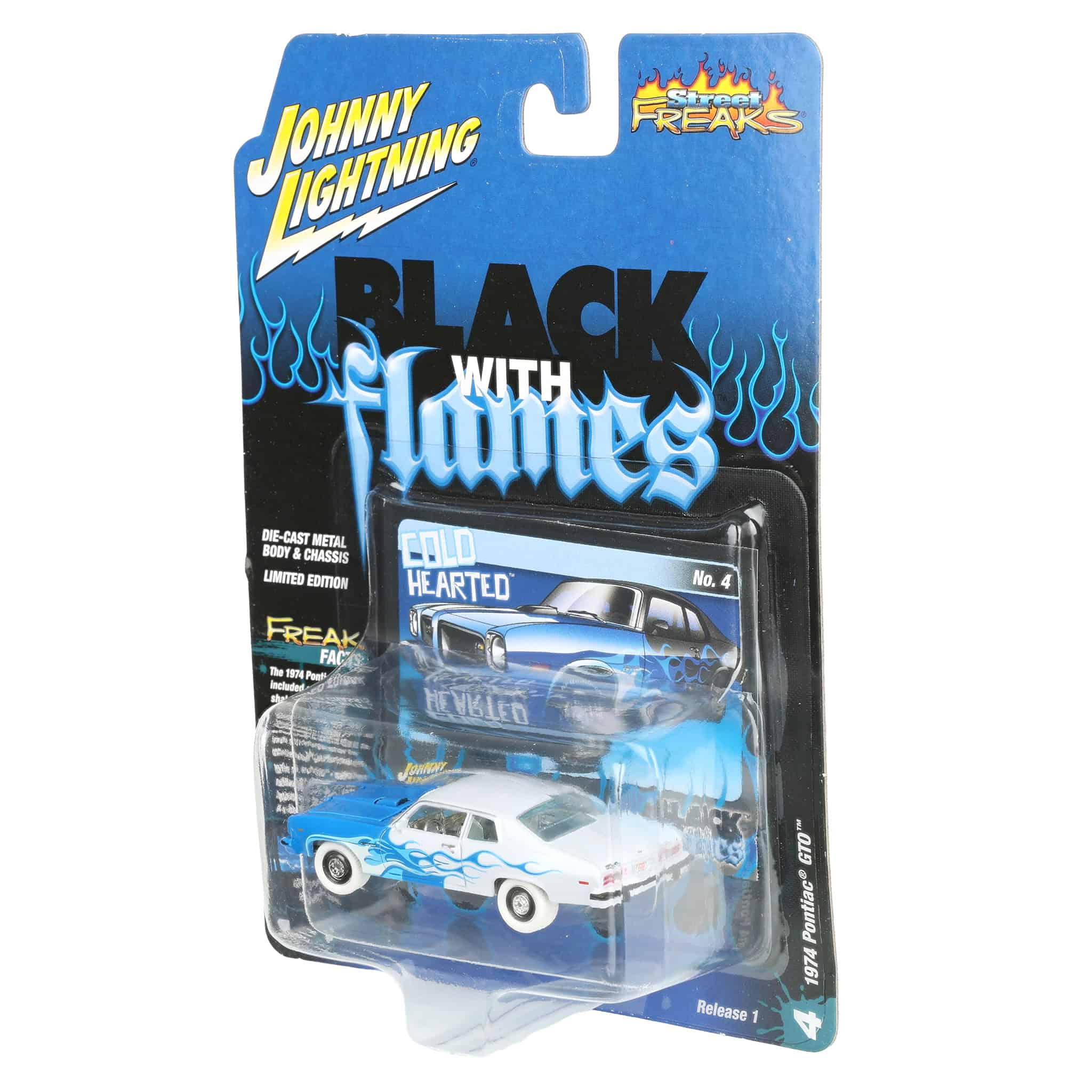 White Lightning Chase Unit ~ 1/64 1974 Pontiac GTO, Black with Blue Flames, Johnny Lightning - Image 3