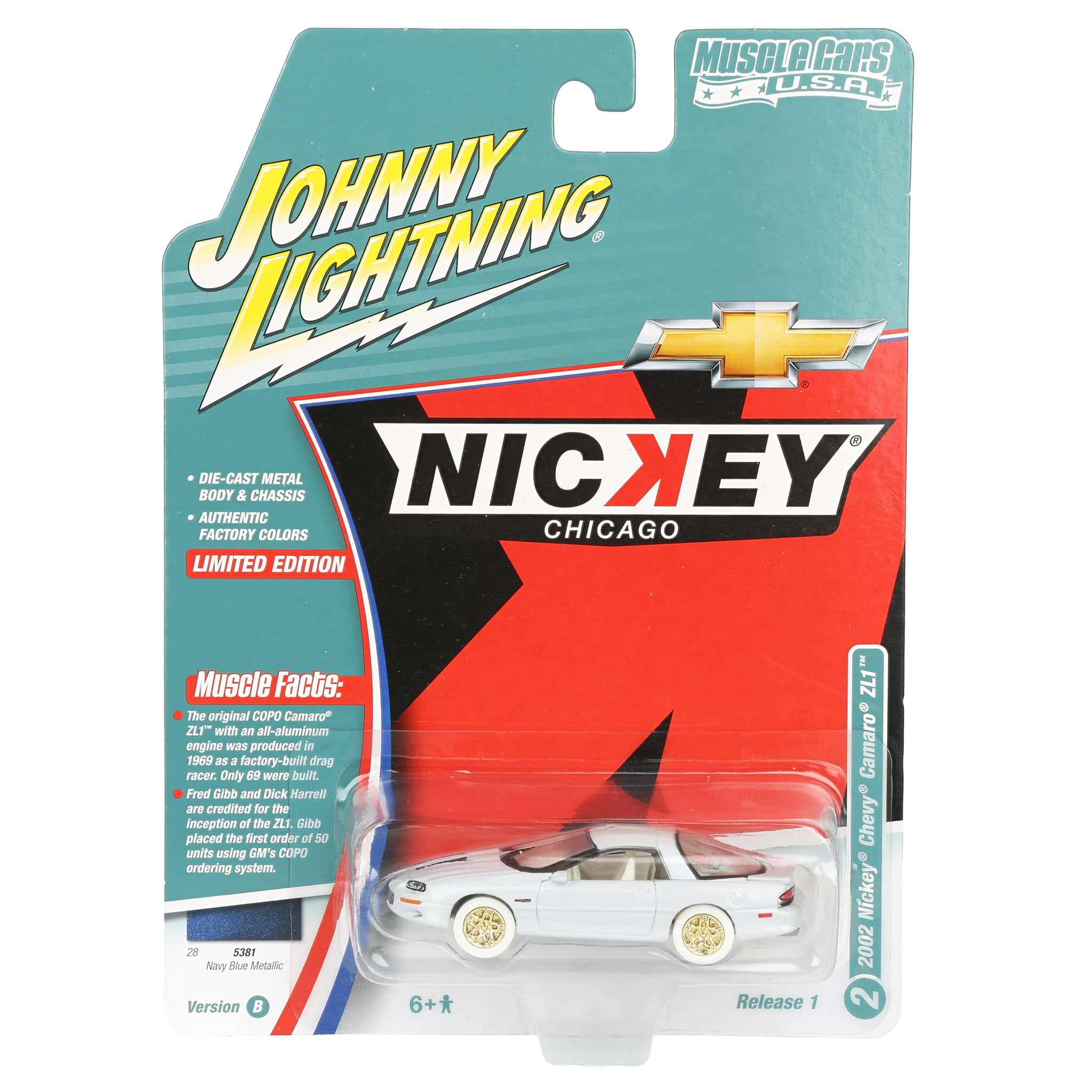 White Lightning Chase Unit ~ 1/64 Nickey 2002 Chevrolet Camaro ZL1, Johnny Lightning Muscle Car Series